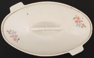 Nagyméretű virágmintás zománcozott fém kacsasütő tál, jelzés nélkül, kis lekopásokkal, 36×21,5×18 cm