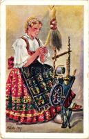 Baja vidéki fonó nő / Hungarian folklore from Baja, spinning woman s: Köves (kis szakadás / small tear)