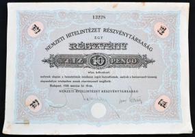 Budapest 1926. "Nemzeti Hitelintézet Részvénytársaság" részvénye 10P-ről, szárazpecséttel, szelvények nélkül T:II-