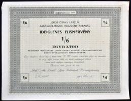 Budapest 1926. "Gróf Csáky László Ajax-Acélművek Részvénytársaság" részvénye 20P-ről szelv...