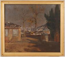 Olvashatatlan jelzéssel: Házak a domboldalon. Olaj, vászon, keretben, 48×56 cm