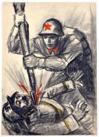cca 1940 Ék Sándor, Alex Keil (1902-1975): A szovjet legyőzi a náci Németországot. Propganda grafika. Vegyes technika, papír, jelzett, 32x45 cm