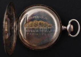Art deco Omega ezüst (Ag.) zsebóra, másodperc mutatós, nielló díszítéssel, kopott zománc, sérült szá...