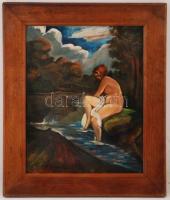 Olvashatatlan jelzéssel: Fürdőző nő, olaj, fa, keretben, 50,5×40,5 cm