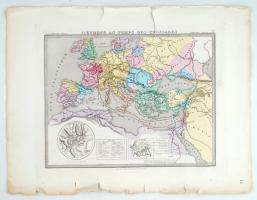 1861 E. Andriveau-Goujon: Európa a keresztes hadjáratok korában, nagyméretű térképe acélmetszet szakadásokkal / 1861 E. Andriveau-Goujon: Etched map of Europe during the Crusader wars. tears 70x55 cm