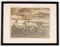 Jelzés nélkül: Szántás, rézkarc, papír, üvegezett fa keretben, 18×23 cm