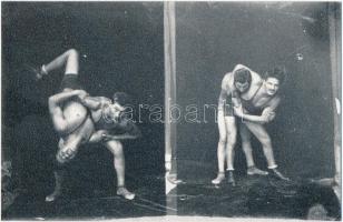 cca 1940 Hajdú János csongrádi fényképész felvétele birkózókról, vintage negatívról készült későbbi másolat a szerző hagyatékából, 9x14 cm