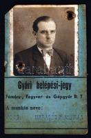 1945 Fémárú fegyver Gépgyár R.T. Gyári  fényképes belepési igazolvány
