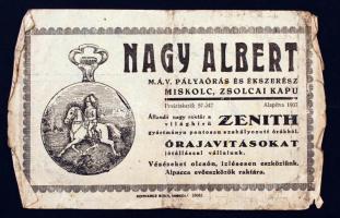 Nagy Albert M.Á.V. pályaórás és ékszerész reklám nyomtatványa,kissé viseltes lapszél, 11x17cm