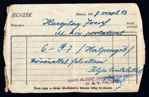 Nagy Albert M.Á.V. pályaórás és ékszerész reklám nyomtatványa,kissé viseltes lapszél, 11x17cm