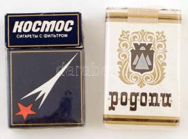 Bontatlan doboz bolgár, Rodopi márkájú füstszűrős cigaretta + bontott doboz szovjet, Kosmos márkájú füstszűrős cigaretta