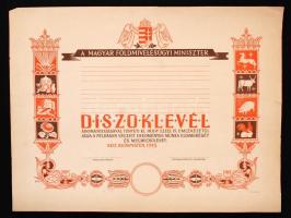 1945 A Földmívelésügyi miniszter díszoklevele. Kitöltetlen. Klösz. ny. 64x49 cm