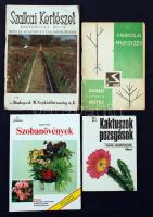 4 db kertészet-konyha tematikájú kiadvány: Agócsy Pál, Bíró Krisztina: Kaktuszok, pozsgások. Bp., 1980, Móra Ferenc Könyvkiadó (Búvár zsebkönyvek).; Heuer, Sigrid: Szobanövények sikeres ápolása és szaporítása. Bp., 1994, Planétás Kiadó. Papírkötésben, jó állapotban.; Faiskolai árjegyzék, SASAD Kertészeti és Mezőgazdasági Tsz. Faiskolája. h. n., é. n. Kicsit kopott papírkötésben, jó állapotban.; Szalkai Kertészet katalógusa 1977-1978. Rózsák, dísznövények, örökzöldek. Bp., 1977. Viseltes papírkötésben.