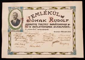 1924 A "jobb jövő asztaltársaság" kézzel rajzolt emléklapja sok aláírással többek között Bartók Béláéval, 27x39cm