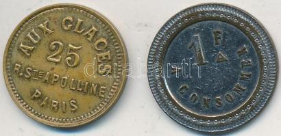 Franciaország ~1930. "Monnaie de Singe / Aux Glaces Paris" Cu zseton (22mm) + 1Fr fém zseton (23mm) T:2,2- France ~1930. "Monnaie de Singe / Aux Glaces Paris" Cu token (22mm) + 1 Francs metal token C:XF,VF