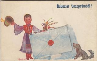 Veszprém, népviseletes grafikai leporellós képeslap / leporellocard s: Klaudinyi