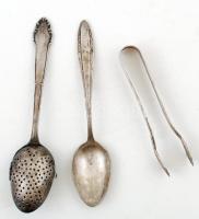 Ezüstözött teáskanál + teafűtartó kanál + cukorfogó csipesz, jelzettek