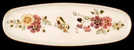 Zsolnay,virág mintás pálinkás készlet, 4 pohár, 1 tálca, kézzel festett, jelzett, hibátlan, m:6cm