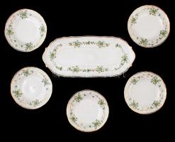Hollóháza Erika szendvicses készlet, 5db tányér, 1 kínáló, matricás, jelzett, hibátlan, d:18cm, 39x17cm
