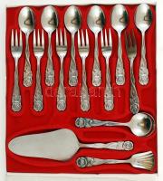 Süteményes étkészlet: 6 db süteményes villa, 6 db desszertes kanál, 1 db tortalapát, 1 db fagyis kanál, 1 db kanál, összesen 15 db, saját dobozában