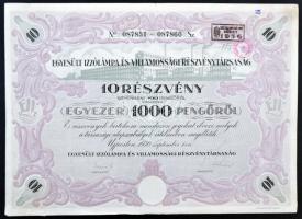 Újpest 1930. "Egyesült Izzólámpa és Villamossági Részvénytársaság" 10 részvénye összesen 1000P-ről szelvényekkel, bélyegzésekkel T:III