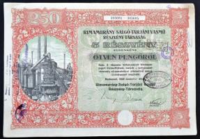 Budapest 1925. "Rimamurány-Salgó-Tarjáni Vasmű Rt." 5 részvénye egyenként 50P-ről pecsétekkel, szelvényekkel T:III
