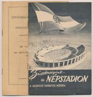 1954 2 db sporttal kapcsolatos nyomtatvány: Büszkeségünk - a Népstadion. Részletes ismertető füzet a Népstadion építéséről és adottságairól, benne a megnyitó ünnepség műsorával. Bp., Vörös Csillag Nyomda. Papírkötésben, hátsó borítóján kis szakadással.; Finnország-Magyarország férfi és Anglia-Magyarország női nemzetek közötti atlétika viadal versenyrendje. Bp. Vasas-Győri Vasas és Bp. Honvéd-Bp. Vörös Lobogó labdarúgó mérkőzés csapatösszeállításai. Kitöltött versenyfüzet, papírkötésben, jó állapotban.