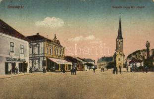 Érsekújvár, Kossuth Lajos tér, templom, Leuchter Izidor üzlete / square, church, shop (fl)