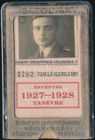 1927 A Budapest Székesfővárosi Közlekedési Rt. által kiadott fényképes tanuló igazolvány az 1937-1928-as tanévre