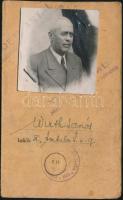 1945 Bp., Asztalos számára kiállított kétnyelvű, fényképes igazolvány arról, hogy az illető személy közérdekű munkát fejt ki, és az orosz hadsereg védelme alatt áll