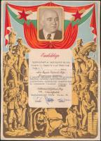 1951 A pincék dolgozói által tett felajánlások alkalmából kiállított emléklap, rajta Rákosi Mátyás arcképével