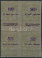 1914-1924 Budapest Törvényhatósága 500K illetékbélyeg négyestömb próbanyomat, felirat és értékjelzés kettősnyomattal