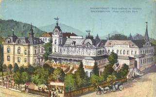 Savanyúkút, Sauerbrunn; Bank és Bellevue szálloda, Kávéház / hotels, cafe (ragasztónyom / gluemark)