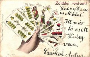 'Zölddel rontom!' magyar kártyás képeslap; kiadja Ferenczi B. / Tell playing cards, litho (b)