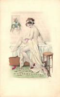 Erotic nude art postcard, bathtub, cat, H & L, Vienna Nr. 1681.