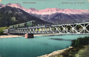 Mittenwaldbahn, Innbrücke, Nordkette / railway bridge, tran, mountain (EK)