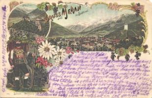 Merano, Meran; Schloss Tirol, Saltner / castle, vineyard protector, folklore, floral Art Nouveau litho (EM)