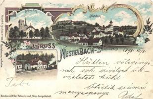 1898 Nestelbach, Schloss Erko, Bahnhof Lassnitz / castle, railway station, floral, Art Nouveau, litho (EM)