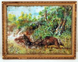 F. I. jelzéssel: Erdei párbaj szarvasbőgéskor, olaj, fa, üvegezett fa keretben, 29×39 cm