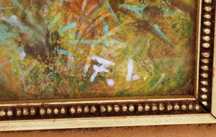 F. I. jelzéssel: Erdei párbaj szarvasbőgéskor, olaj, fa, üvegezett fa keretben, 29×39 cm