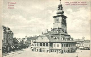 Brassó, Kronstadt; Ferenc József tér, Tanácsháza, Borbély Antal és Stefan Median üzlete / square, town hall, shops