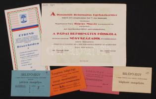 1931  A 400 éves pápai református főiskola jubileuma alkalmából rendezett ünnepély meghívója, és a díszebéd étrendje, 4 db belépőjegy(ünnepélyre, istentiszteletre, díszebédre, avatási ünnepélyre)