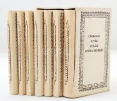 Csokonai Vitéz Mihály poétai munkái. 1-7. köt. [Bp.], [1974], [Akadémiai Kiadó]. Csokonai hét fontos műve (Diétai múzsa, A tavaszm Dorottya, Lilla, Anakreoni dalok, Ódák, Alkalmatosságra írt versek) első kiadásainak reprintje. Papírkötésben, papír védőtokban, jó állapotban, kísérőfüzet nélkül.