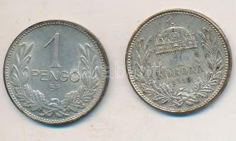 1915. 1K Ag "Ferenc József" + 1937. 1P Ag T:2,2- patina