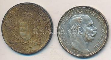 1915. 1K Ag "Ferenc József" + 1937. 1P Ag T:2,2- patina