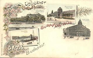 1897 Budapest, Királyi vár, Margit fürdő, Lánchíd, Nemzeti színház, floral, Art Nouveau litho (EK)