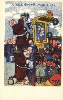 A könnyező Mária kép, szerzetesek, humor; Népszava könyvkereskedés kiadványa / Weeping Mary, monks, religious humour