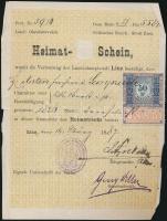 1887 Linz, származási igazolás Anton Freiherr von Lempruch részére kiállítva, 50 kr okmánybélyeggel