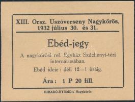 cca 1920-1930 2 db napi fürdőjegy a Nagykőrösi Városfejlesztő Rt. Artézi Úszó- és Strandfürdőbe, a XIII. Orsz. Úszóverseny Nagykőrös 1932. ebédjegye