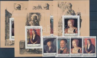 Dürer set + set in imperf block form with printed perf, Dürer sor + sor vágott blokksor formában, nyomtatott fogazással